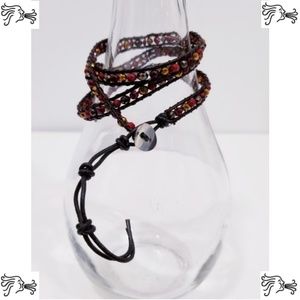 Beaded 3 Wrap Bracelet Brown Cord w/ Beads